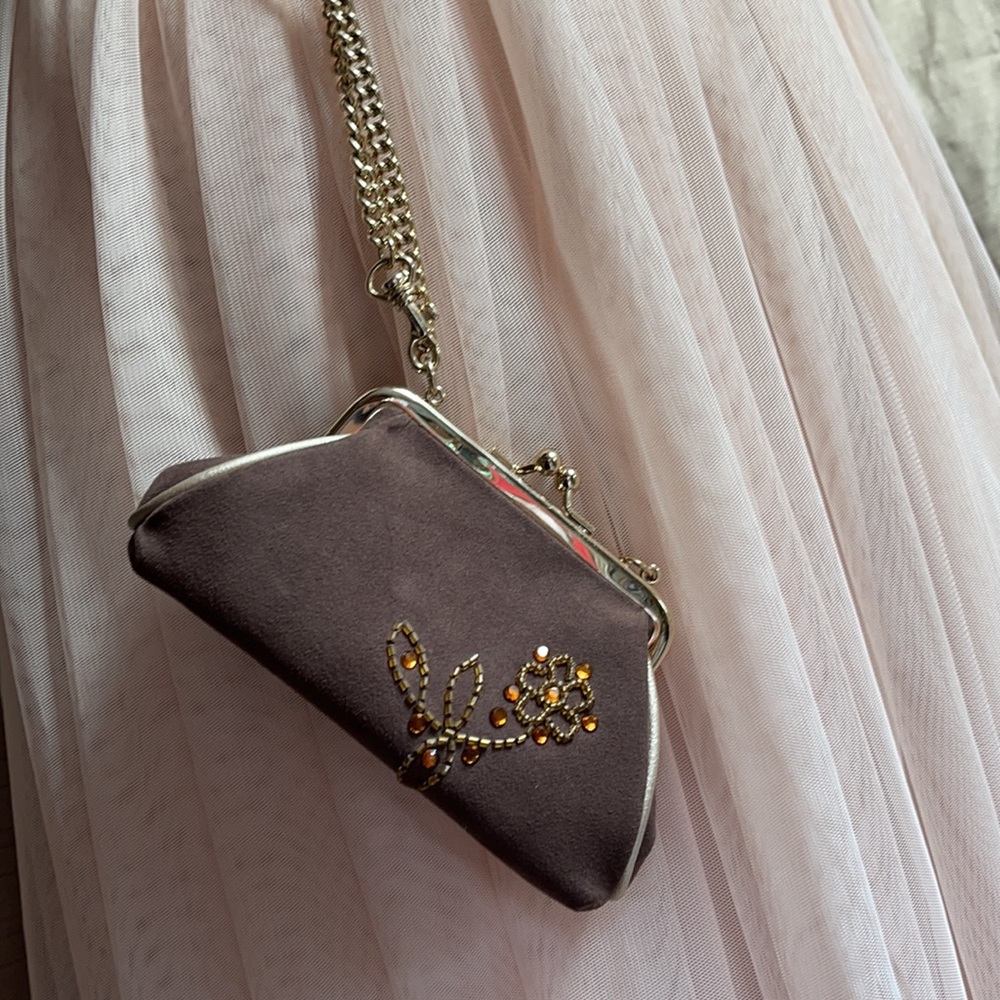 Liz Claiborne Brown Satin Evening Clutch with Gold Chain - Picture 5 of 8